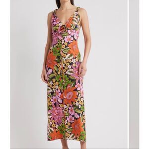 FARM Rio Vivi Rosette Detail Floral Linen Blend Maxi Dress size M NWT